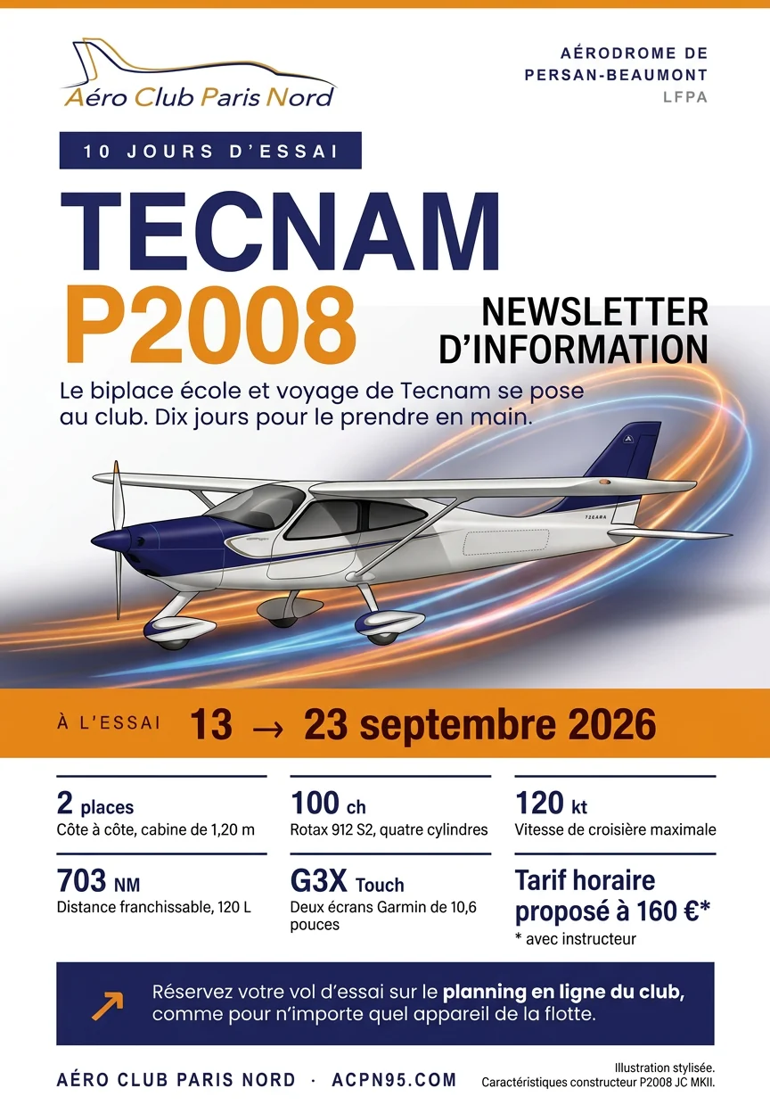Affiche des dix jours d'essai du Tecnam P2008 du 13 au 23 septembre 2026 à l'Aéro-Club Paris-Nord