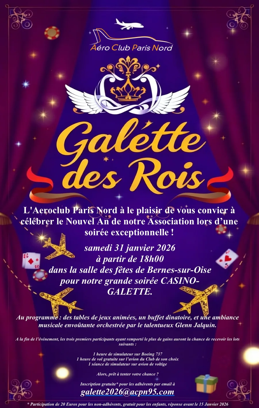 Affiche de la galette des Rois et soirée casino du 31 janvier 2026