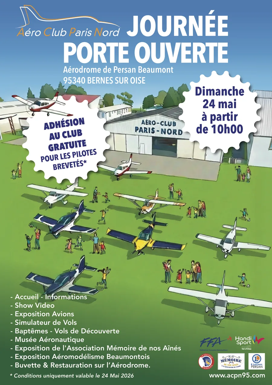 Affiche de la journée portes ouvertes du 24 mai 2026 à Persan-Beaumont : vols de découverte, exposition d'avions et simulateur de vol
