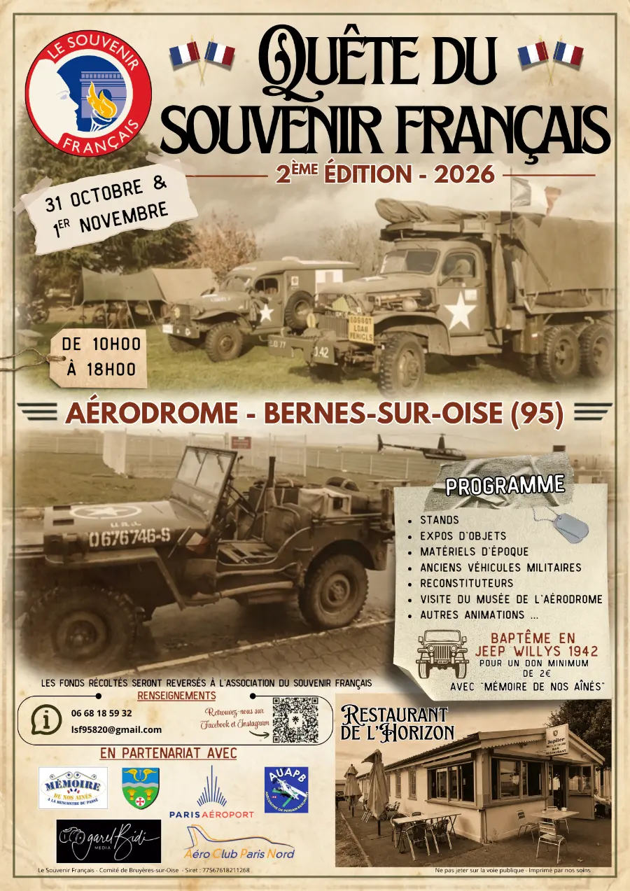 Affiche de la Quête du Souvenir Français des 31 octobre et 1er novembre 2026 à l’aérodrome de Persan-Beaumont